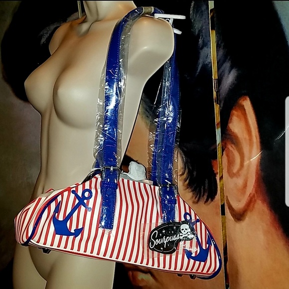 Sourpuss Handbags - Sourpuss First Mate Red White Blue Striped Anchor Nautical Kiss Snap Purse